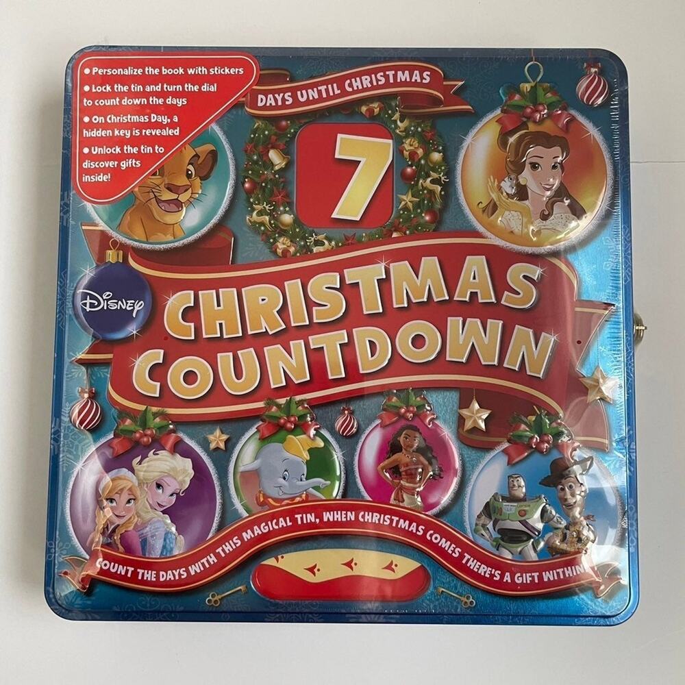 Disney NEW Christmas 7 Day Countdown Tin With Lock Activities Stickers Set